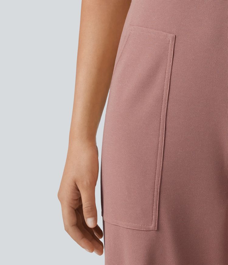 Square Neck Waffle Casual Tapered Overalls with Pockets