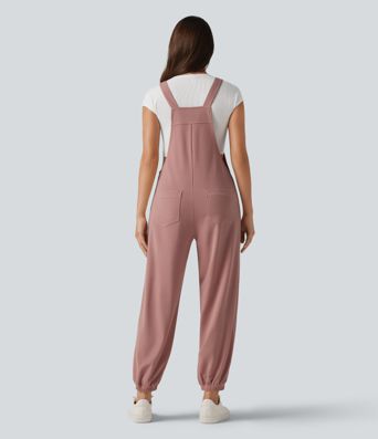 Square Neck Waffle Casual Tapered Overalls with Pockets