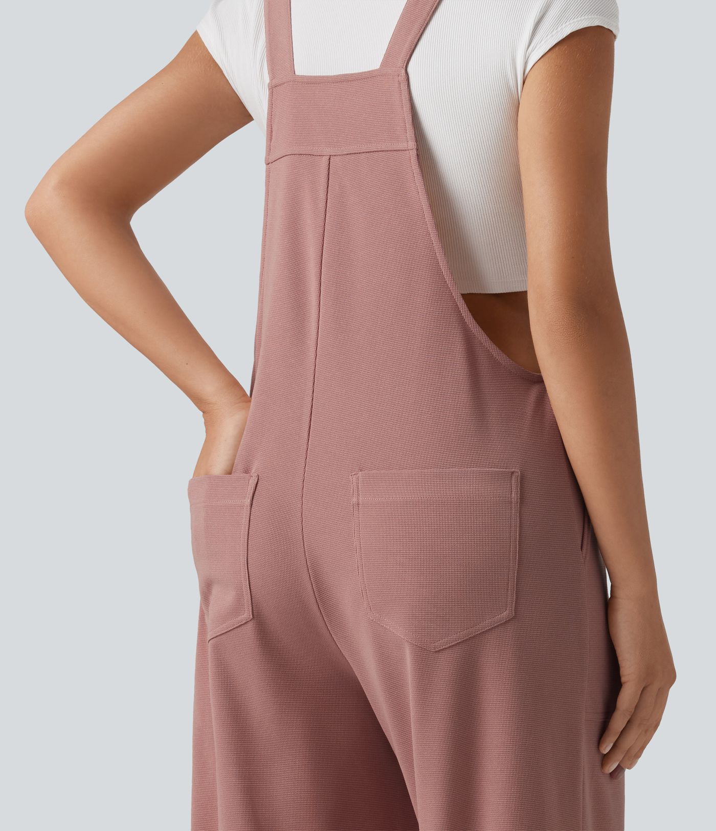 Square Neck Waffle Casual Tapered Overalls with Pockets