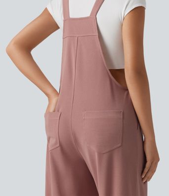 Square Neck Waffle Casual Tapered Overalls with Pockets