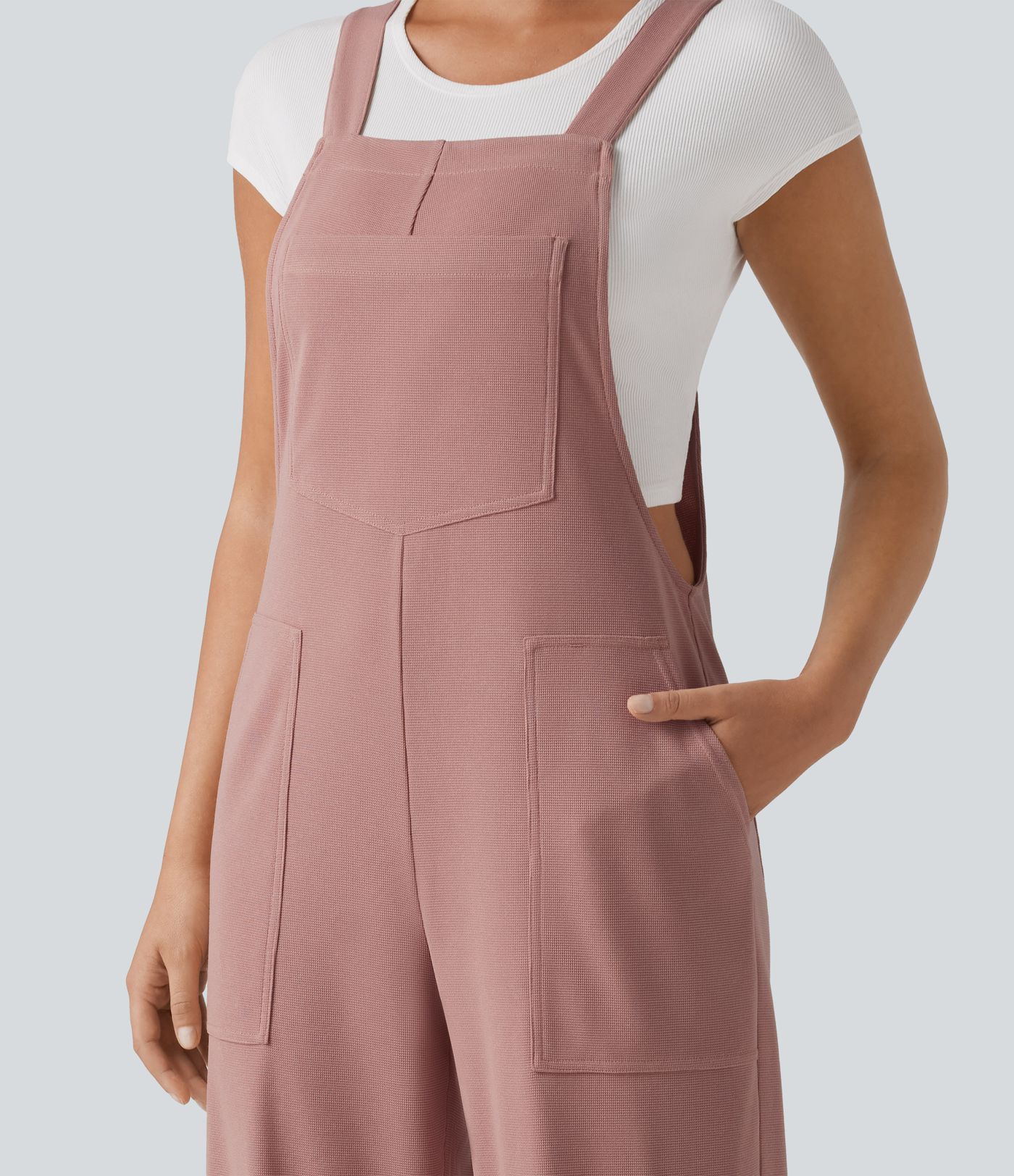 Square Neck Waffle Casual Tapered Overalls with Pockets
