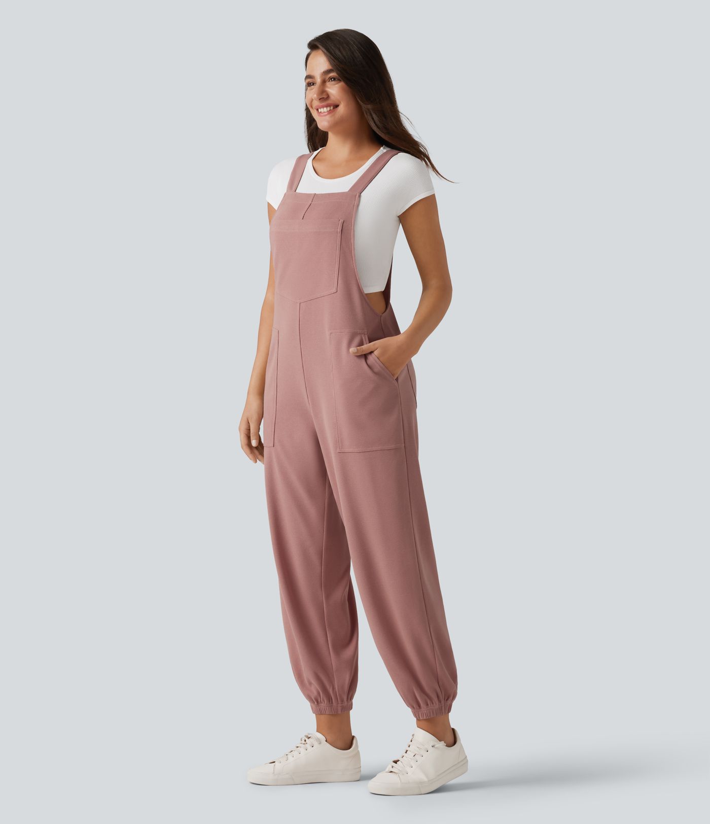 Square Neck Waffle Casual Tapered Overalls with Pockets