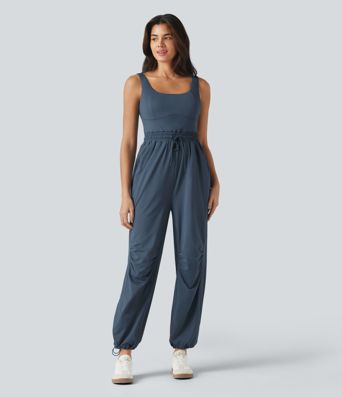 U-neck Sleeveless Drawstring Ruched Casual Jumpsuit with Pockets U-neck Sleeveless Drawstring Ruched Casual Jumpsuit with Pockets
