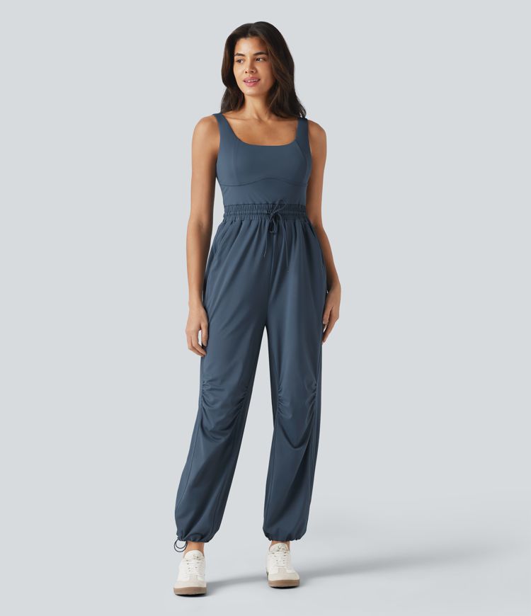 U-neck Sleeveless Drawstring Ruched Casual Jumpsuit with Pockets U-neck Sleeveless Drawstring Ruched Casual Jumpsuit with Pockets