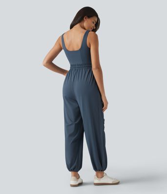 U-neck Sleeveless Drawstring Ruched Casual Jumpsuit with Pockets U-neck Sleeveless Drawstring Ruched Casual Jumpsuit with Pockets