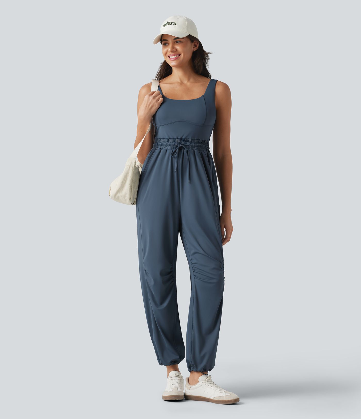 U-neck Sleeveless Drawstring Ruched Casual Jumpsuit with Pockets U-neck Sleeveless Drawstring Ruched Casual Jumpsuit with Pockets