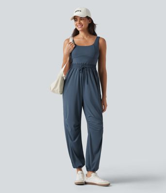 U-neck Sleeveless Drawstring Ruched Casual Jumpsuit with Pockets U-neck Sleeveless Drawstring Ruched Casual Jumpsuit with Pockets