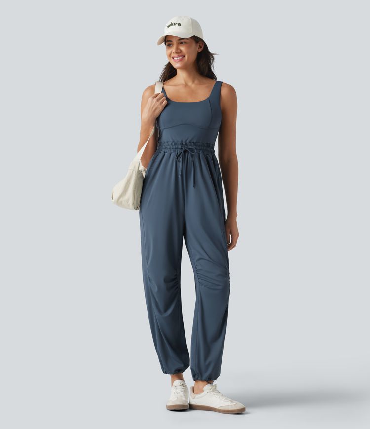 U-neck Sleeveless Drawstring Ruched Casual Jumpsuit with Pockets U-neck Sleeveless Drawstring Ruched Casual Jumpsuit with Pockets
