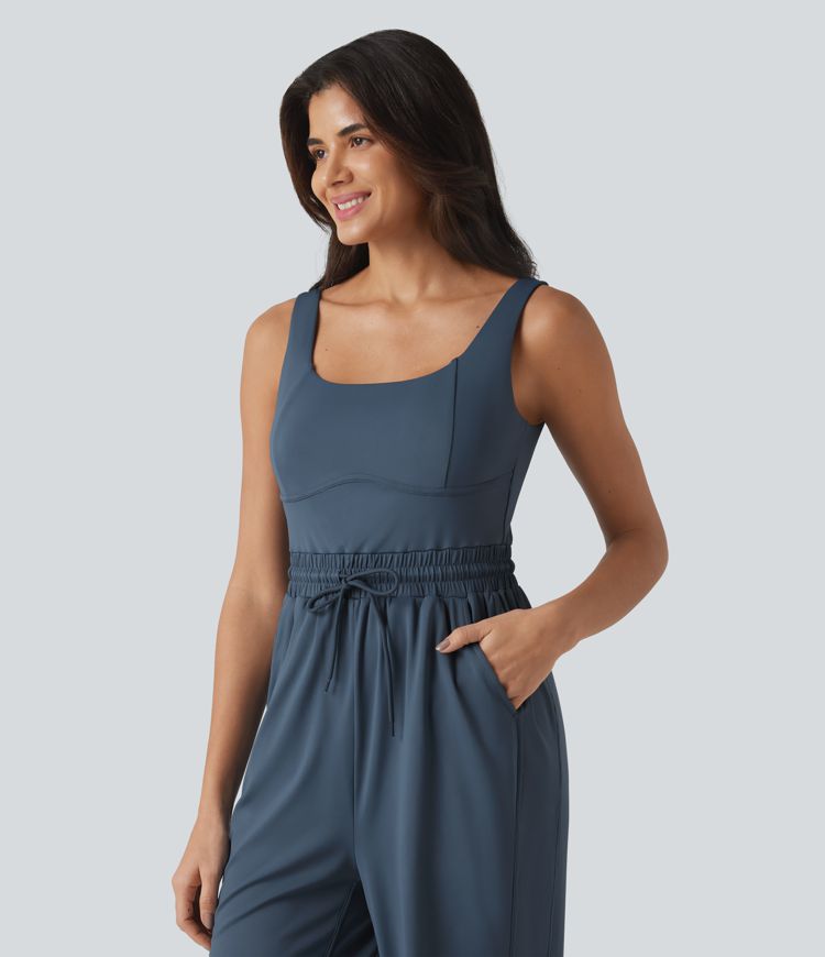 U-neck Sleeveless Drawstring Ruched Casual Jumpsuit with Pockets U-neck Sleeveless Drawstring Ruched Casual Jumpsuit with Pockets