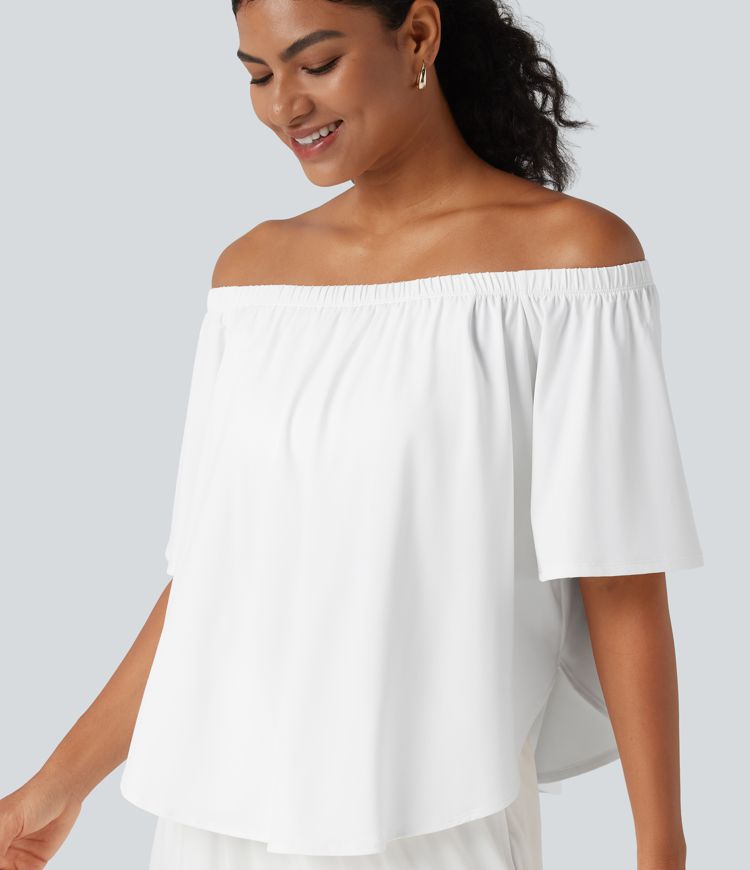 Off-shoulder Short Sleeve Split Curved Hem Built-in Bra Relaxed Casual T-Shirt
