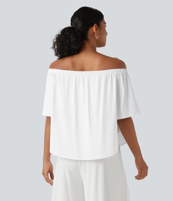 Off-shoulder Short Sleeve Split Curved Hem Built-in Bra Relaxed Casual T-Shirt