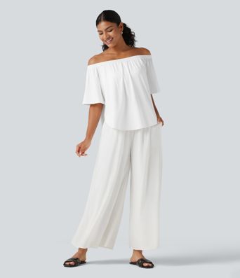 Off-shoulder Short Sleeve Split Curved Hem Built-in Bra Relaxed Casual T-Shirt