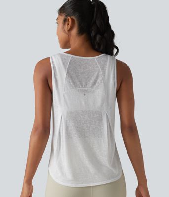 Round Neck Curved Hem Sheer Running Tank Top-No Sports Bra Included