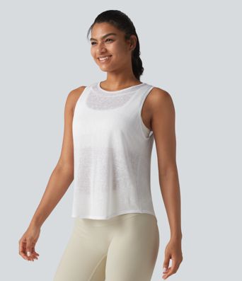 Round Neck Curved Hem Sheer Running Tank Top-No Sports Bra Included
