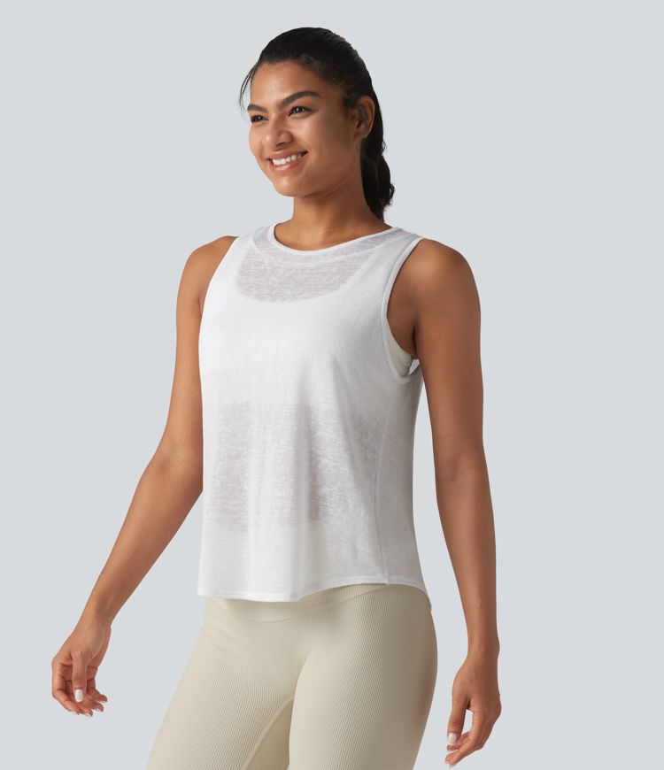 Round Neck Curved Hem Sheer Running Tank Top-No Sports Bra Included