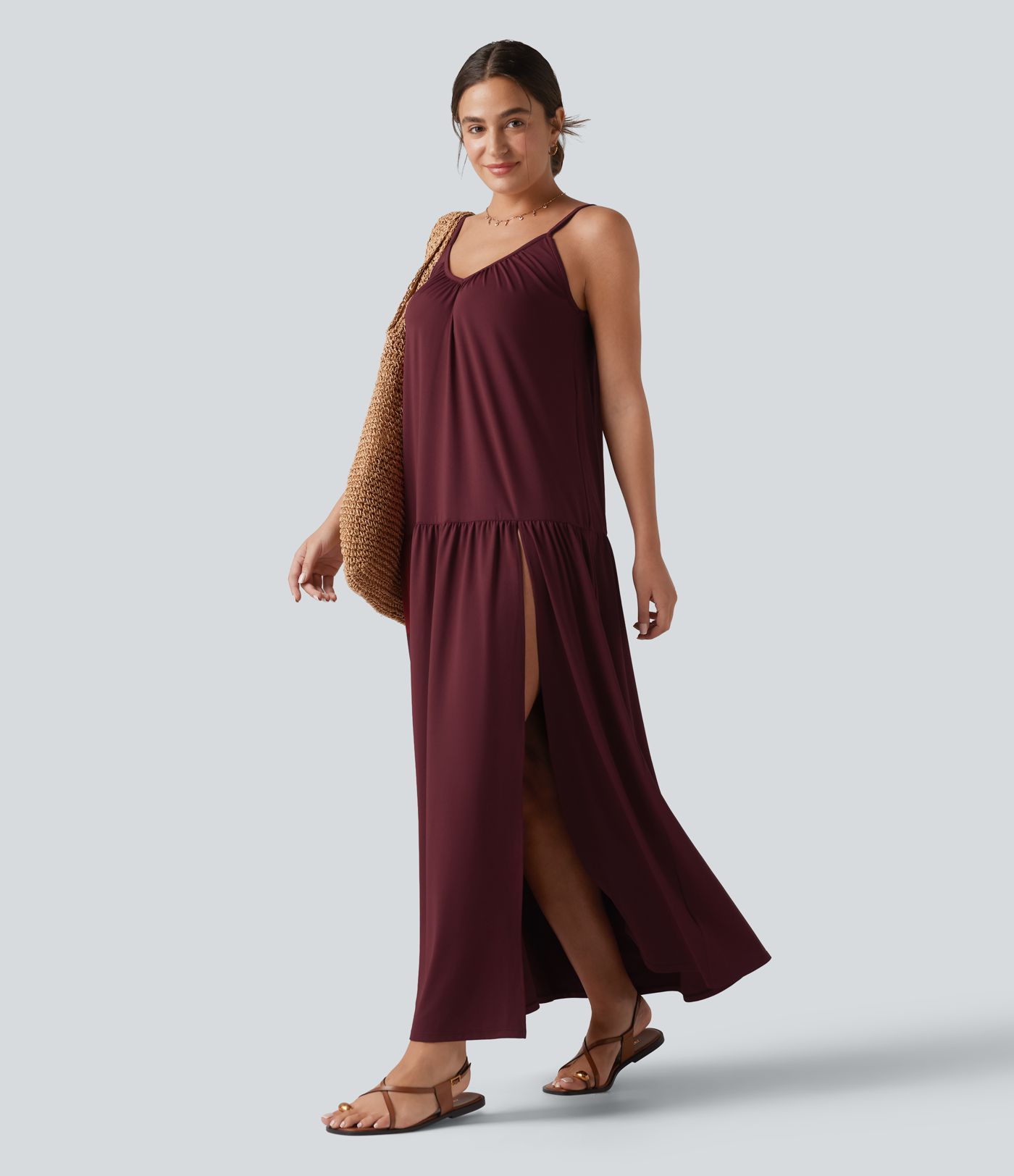 V-neck Split Hem Maxi Flowy Resort Slip Dress