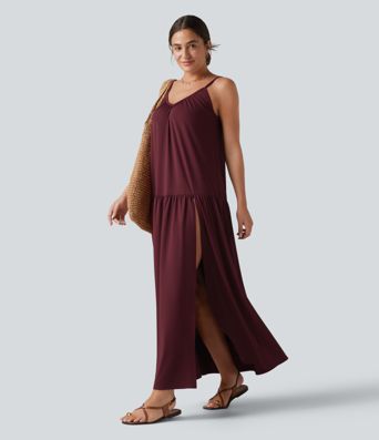 V-neck Split Hem Maxi Flowy Resort Slip Dress