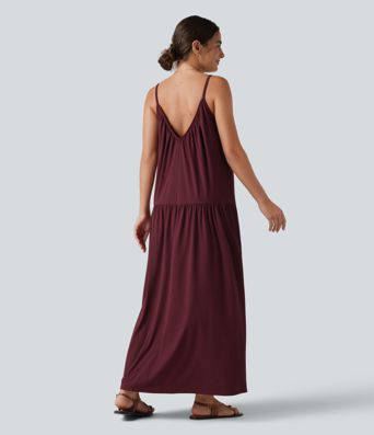 V-neck Split Hem Maxi Flowy Resort Slip Dress