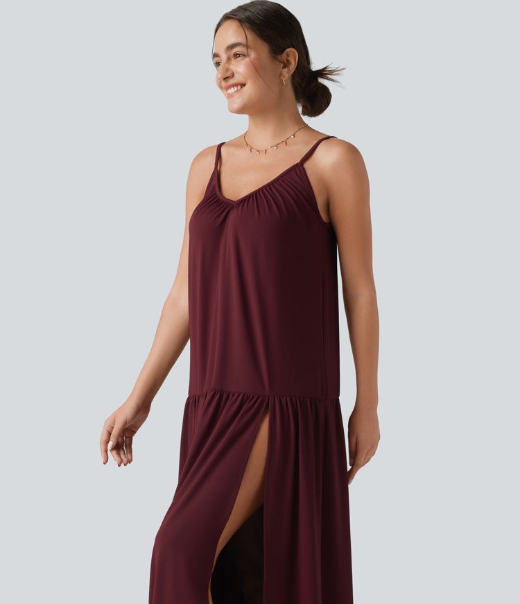 V-neck Split Hem Maxi Flowy Resort Slip Dress