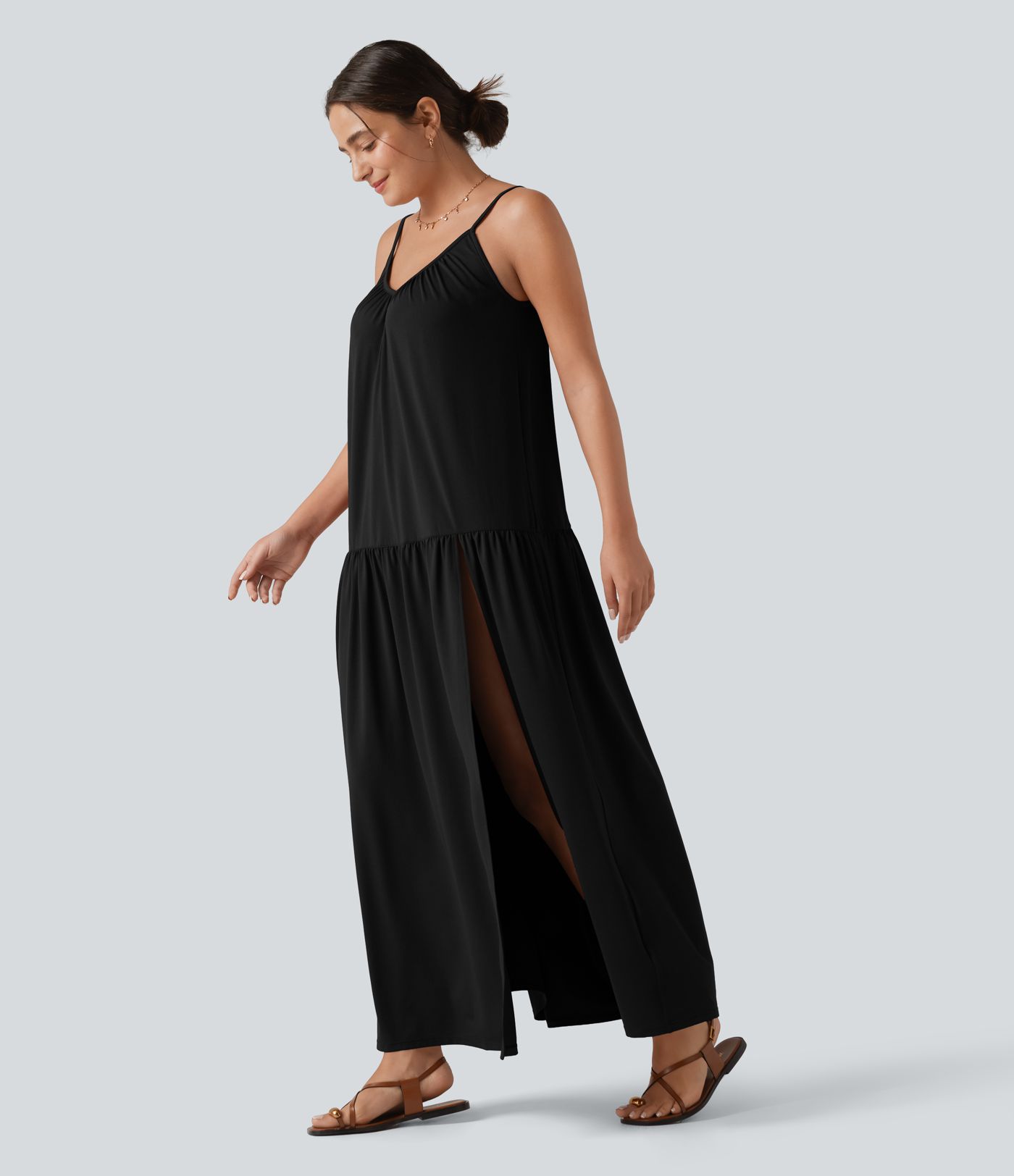 V-neck Split Hem Maxi Flowy Resort Slip Dress