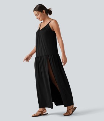 V-neck Split Hem Maxi Flowy Resort Slip Dress
