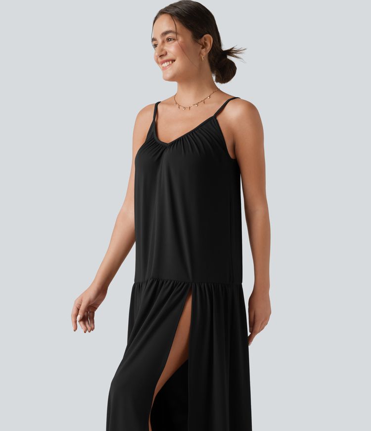 V-neck Split Hem Maxi Flowy Resort Slip Dress