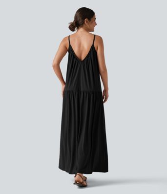 V-neck Split Hem Maxi Flowy Resort Slip Dress