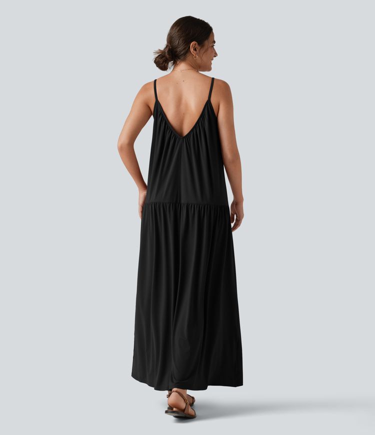 V-neck Split Hem Maxi Flowy Resort Slip Dress