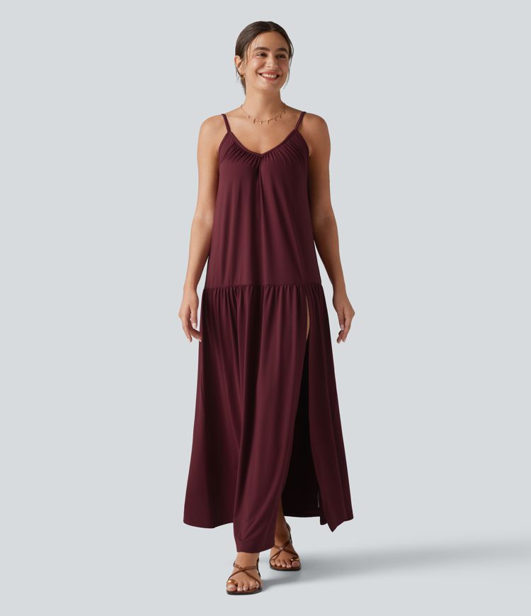 V-neck Split Hem Maxi Flowy Resort Slip Dress