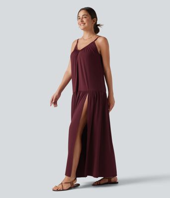 V-neck Split Hem Maxi Flowy Resort Slip Dress