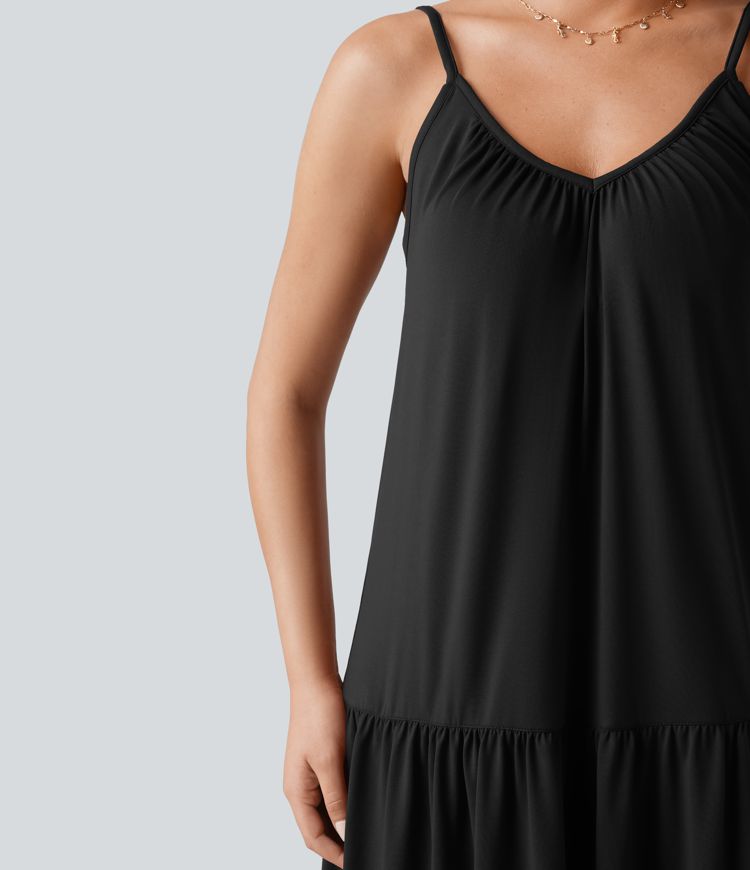 V-neck Split Hem Maxi Flowy Resort Slip Dress