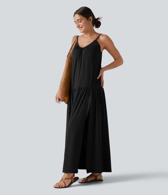 V-neck Split Hem Maxi Flowy Resort Slip Dress