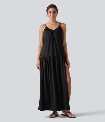 V-neck Split Hem Maxi Flowy Resort Slip Dress