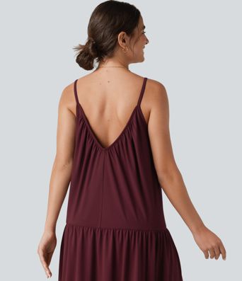 V-neck Split Hem Maxi Flowy Resort Slip Dress