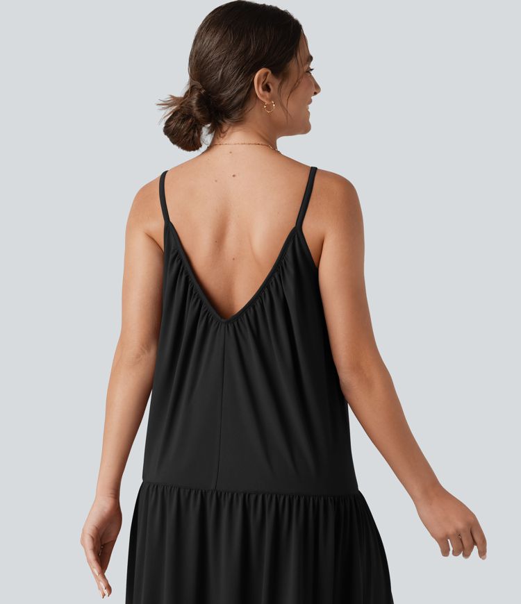 V-neck Split Hem Maxi Flowy Resort Slip Dress