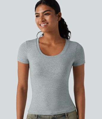 Halara Cotton Jersey Scoop Neck Short Sleeve Built-in Bra Casual T-Shirt B-DD Cups Halara Cotton Jersey Scoop Neck Short Sleeve Built-in Bra Casual T-Shirt B-DD Cups