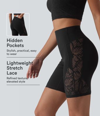 Halara UltraSculpt™ High-Waisted bauchformende Yoga-Biker-Shorts mit Kontrastspitze, 7'' mit Tasche Halara UltraSculpt™ High-Waisted bauchformende Yoga-Biker-Shorts mit Kontrastspitze, 7'' mit Tasche