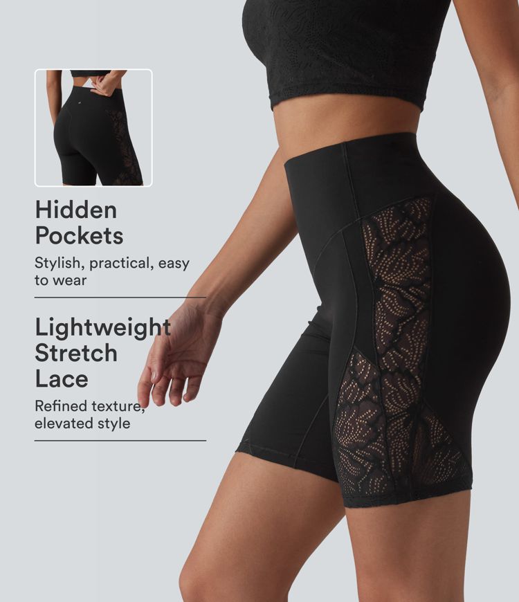 Halara UltraSculpt™ High-Waisted bauchformende Yoga-Biker-Shorts mit Kontrastspitze, 7'' mit Tasche Halara UltraSculpt™ High-Waisted bauchformende Yoga-Biker-Shorts mit Kontrastspitze, 7'' mit Tasche