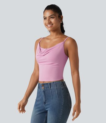 Ribbed Knit Cowl Neck Adjustable Straps Built-in Bra Casual Tank Top Ribbed Knit Cowl Neck Adjustable Straps Built-in Bra Casual Tank Top