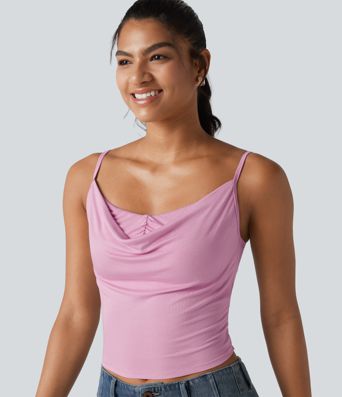 Ribbed Knit Cowl Neck Adjustable Straps Built-in Bra Casual Tank Top Ribbed Knit Cowl Neck Adjustable Straps Built-in Bra Casual Tank Top