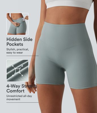 Ribbed Knit High Waisted Yoga Biker Shorts 5'' with Pocket