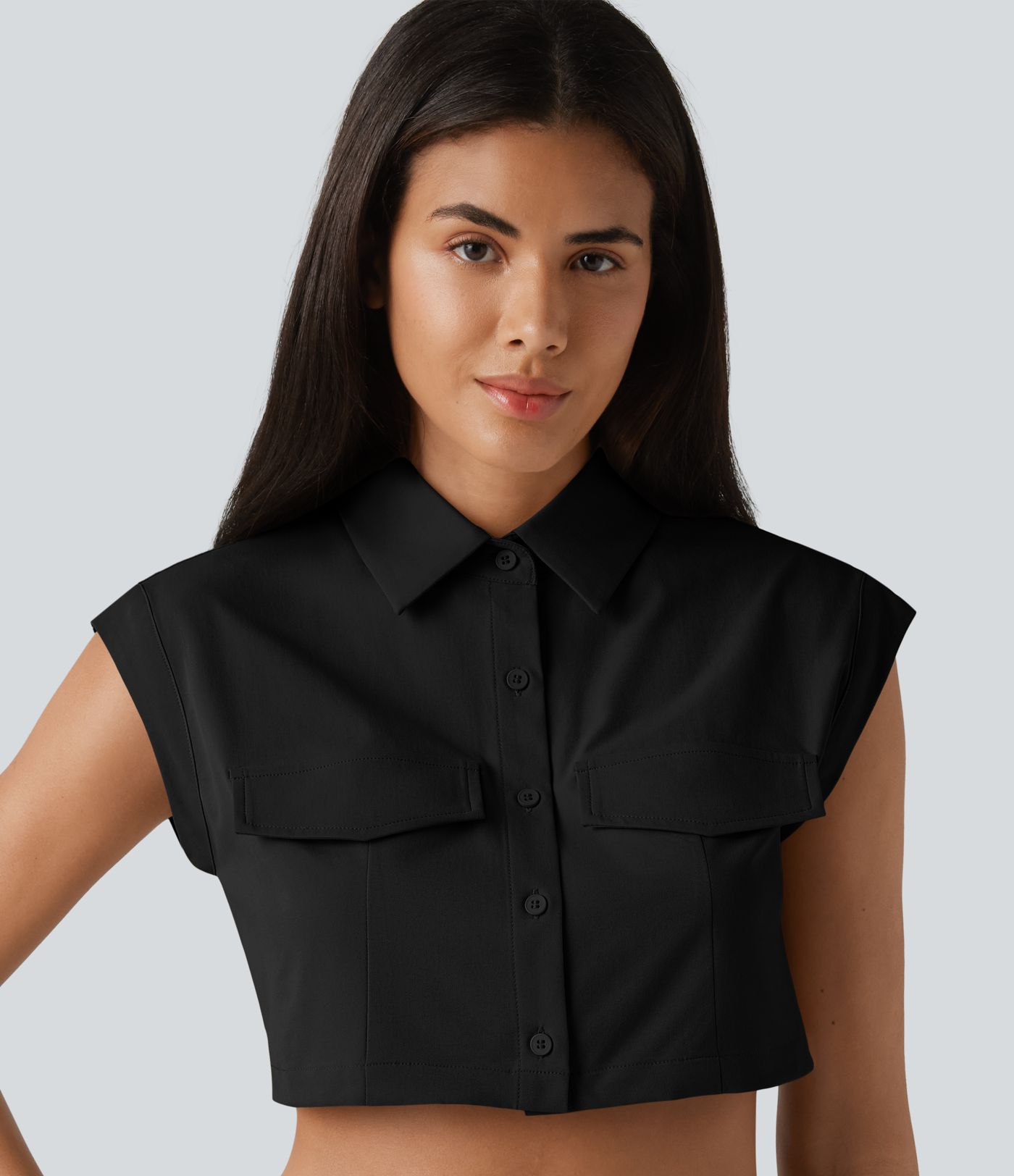 Camisa cargo casual corta de popelina elástica con manga corta que cubre el hombro Camisa cargo casual corta de popelina elástica con manga corta que cubre el hombro