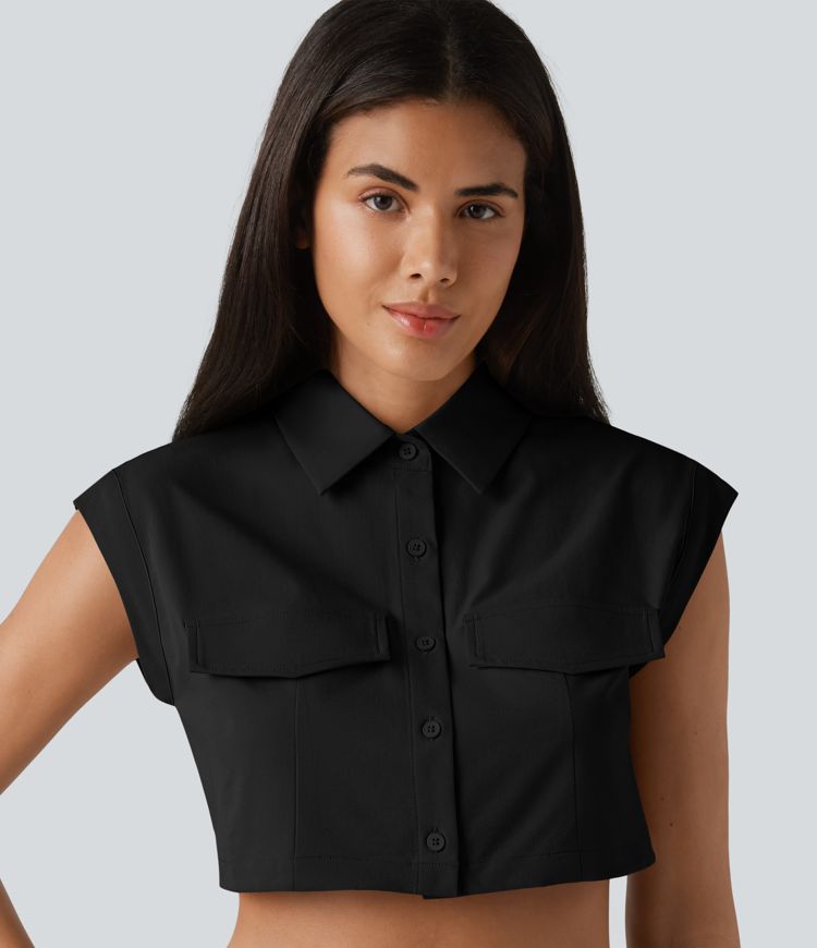Camisa cargo casual corta de popelina elástica con manga corta que cubre el hombro Camisa cargo casual corta de popelina elástica con manga corta que cubre el hombro