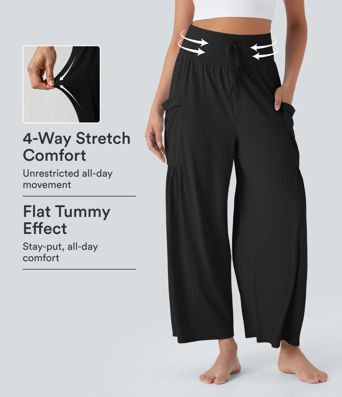 High Waisted Tummy Control Drawstring Wide Leg InstantCool Yoga Pants with Pockets-UPF50+ High Waisted Tummy Control Drawstring Wide Leg InstantCool Yoga Pants with Pockets-UPF50+