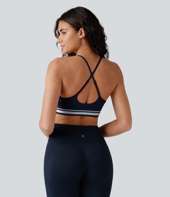 SoftlyZero™ Plush Light Support Crisscross Backless Color Block Stripes Built-in Bra Workout Sports Bra