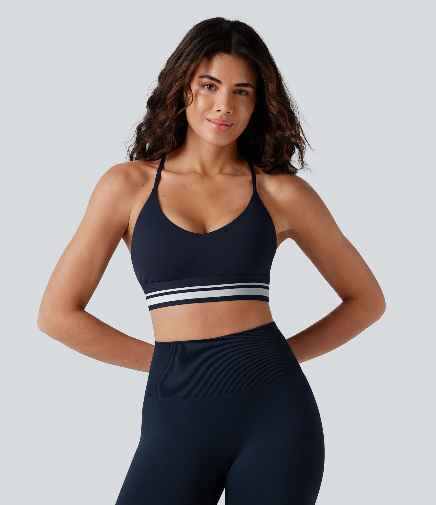 SoftlyZero™ Plush Light Support Crisscross Backless Color Block Stripes Built-in Bra Workout Sports Bra