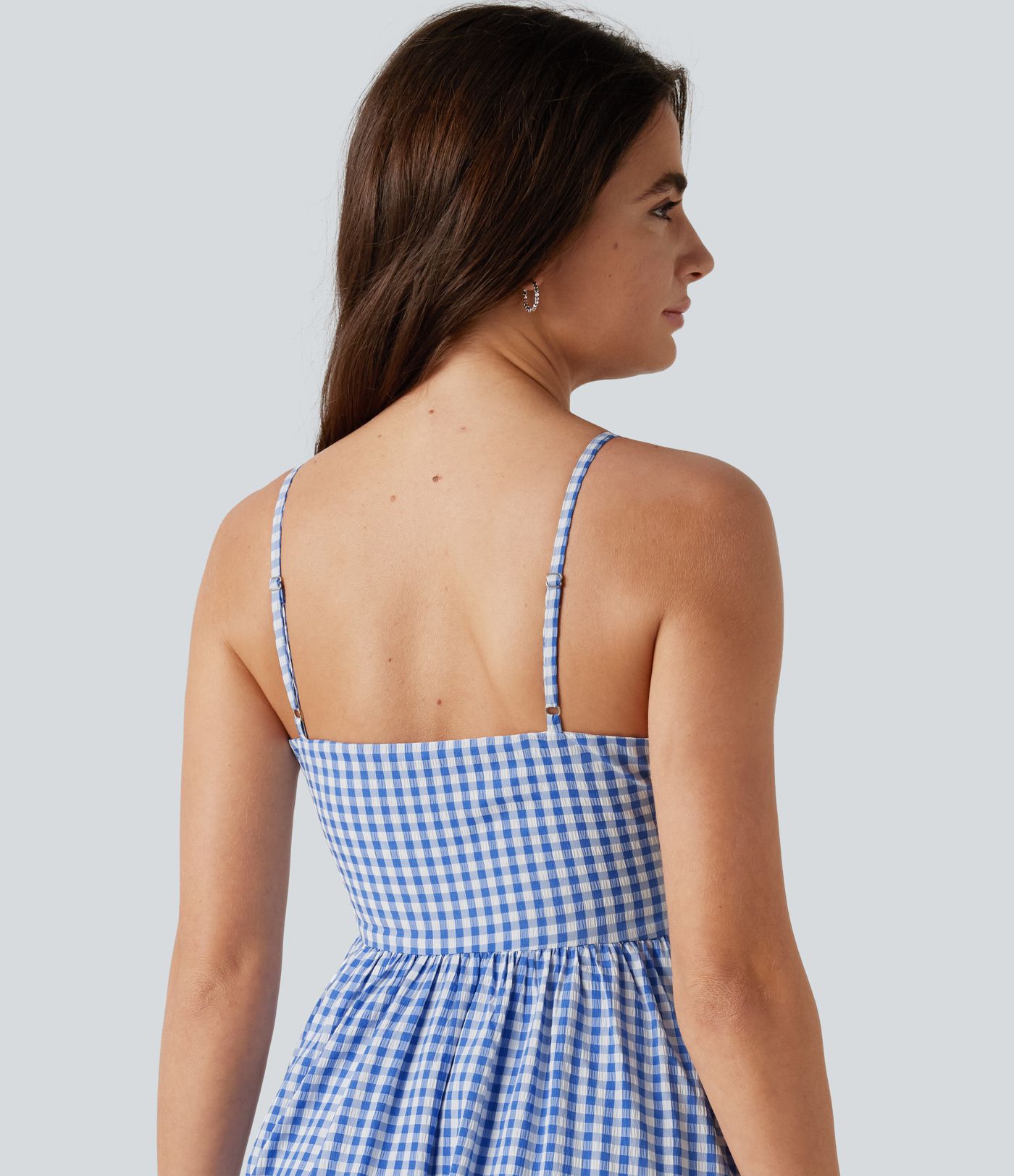Invisible Zipper Gingham Flowy Maxi Casual Slip Dress with Pockets
