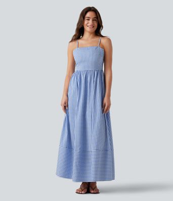 Invisible Zipper Gingham Flowy Maxi Casual Slip Dress with Pockets