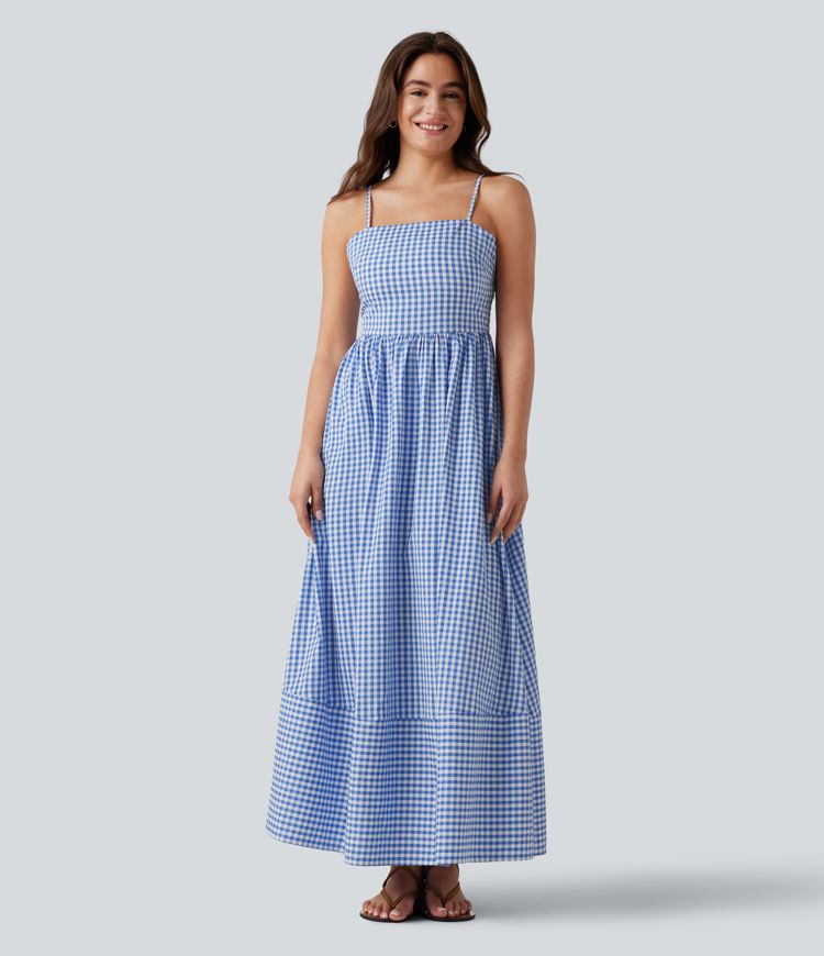 Invisible Zipper Gingham Flowy Maxi Casual Slip Dress with Pockets