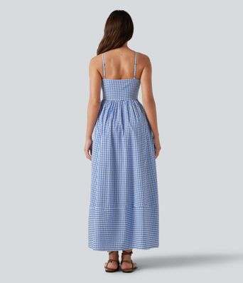 Invisible Zipper Gingham Flowy Maxi Casual Slip Dress with Pockets